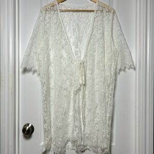 Ivory White Floral Lace Scallop Tie Waist Kimono Bridal Boho Duster Cardigan